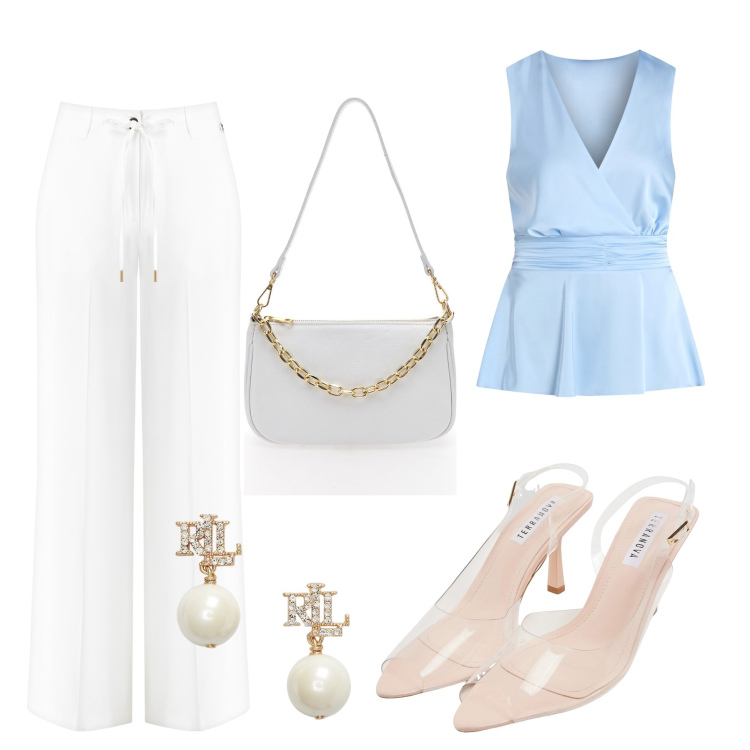 Outfit donna - Total look #2197143. Stile Chic per Tutti i giorni. Abbinamento con sandali col tacco, pantaloni, top, orecchini, borse a tracolla.