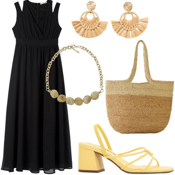 Outfit donna - Le serate di Luglio. Stile Casual chic per Serata fuori. Abbinamento con sandali col tacco, orecchini, shopping bag, vestiti lunghi, collane.