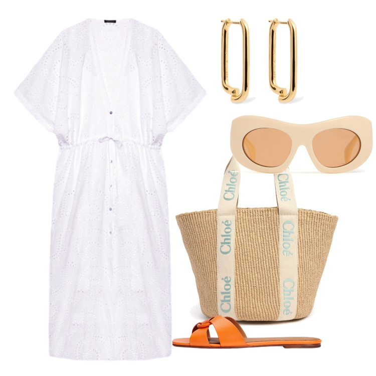 Outfit donna - Bantoa Summer Sales. Stile Romantica per Tutti i giorni. Abbinamento con sandali in pelle, caftani, occhiali da sole, orecchini, shopping bag.