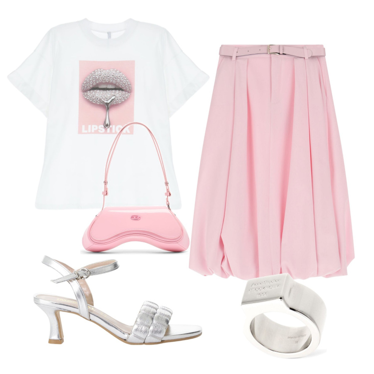 Outfit donna - Total look #2197154. Stile Glamour per Serata fuori. Abbinamento con gonne longuette, sandali col tacco, t-shirt, borse a tracolla, anelli.