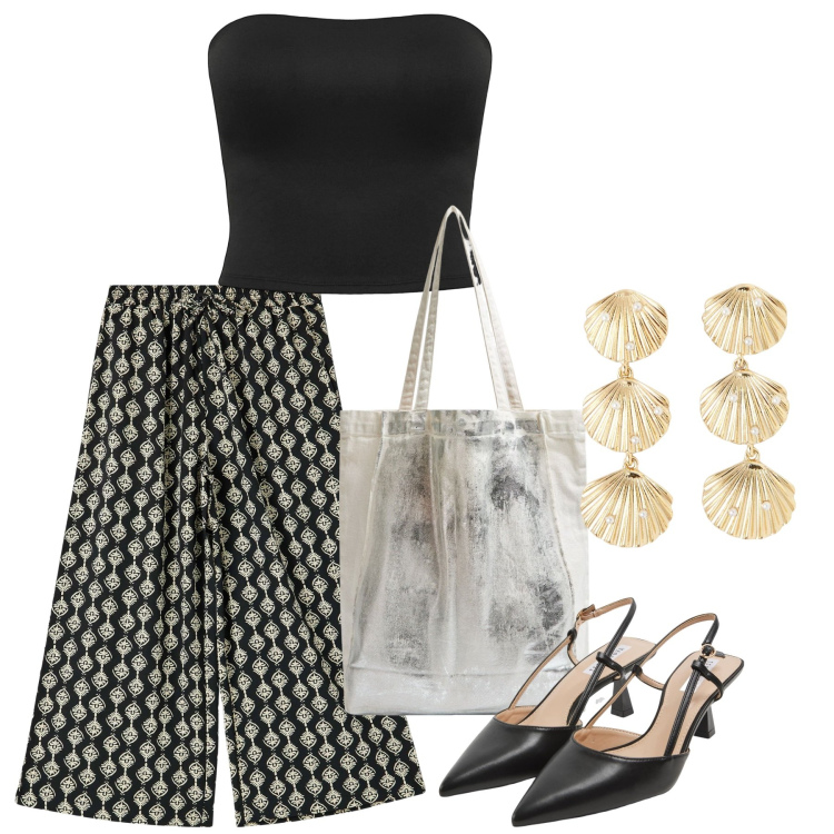 Outfit donna - Terranova - Summer Sale 2025. Stile Chic per Serata fuori. Abbinamento con pantaloni a palazzo, sabot, orecchini, top, shopping bag.