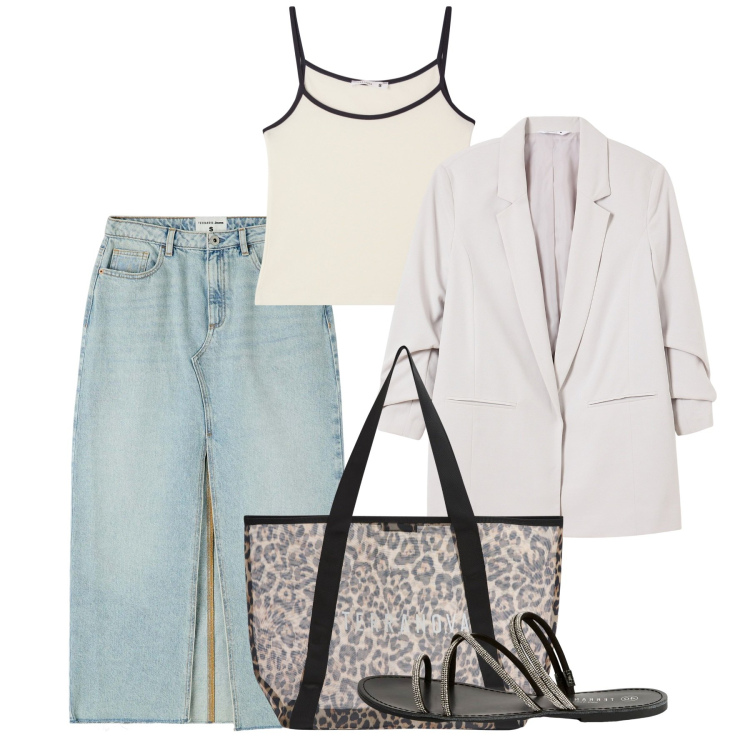 Outfit donna - Terranova - Summer Sale 2025. Stile Casual chic per Tutti i giorni. Abbinamento con gonne longuette, blazer, top, shopping bag, sandali.