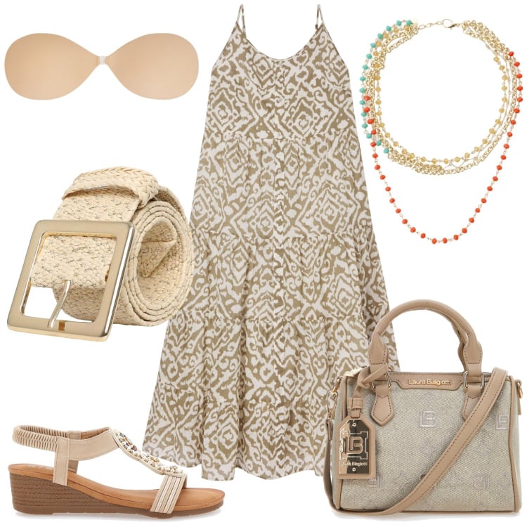 Outfit donna - Pratica e fresca. Stile Urban per Tutti i giorni. Abbinamento con vestiti lunghi, reggiseni, cinture, collane, sandali, borse a tracolla.