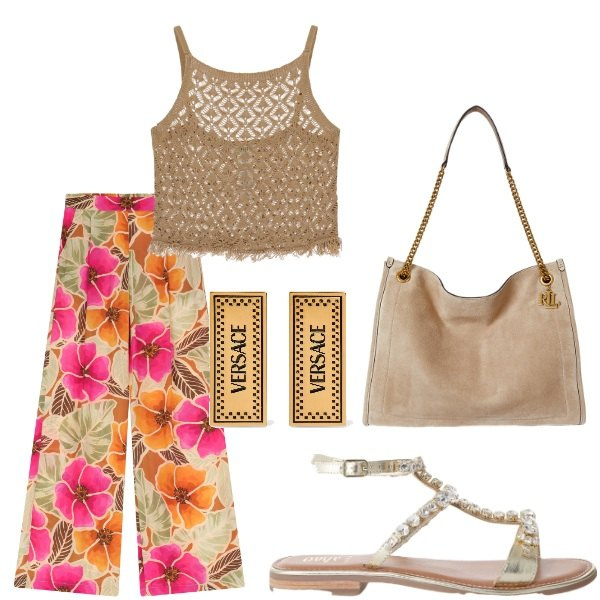 Outfit donna - Le serate di Luglio. Stile Casual chic per Serata fuori. Abbinamento con pantaloni, top, sandali, borse tote, orecchini.