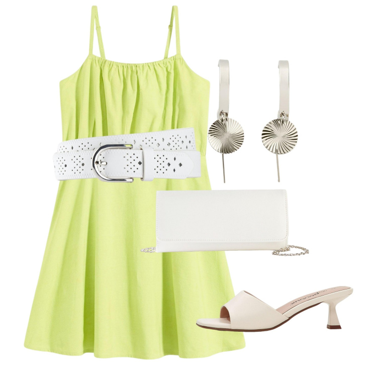 Outfit donna - Nuovi colori, nuove tendenze. Stile Bon Ton per Tutti i giorni. Abbinamento con ciabatte, cinture, vestiti corti, pochette, orecchini.