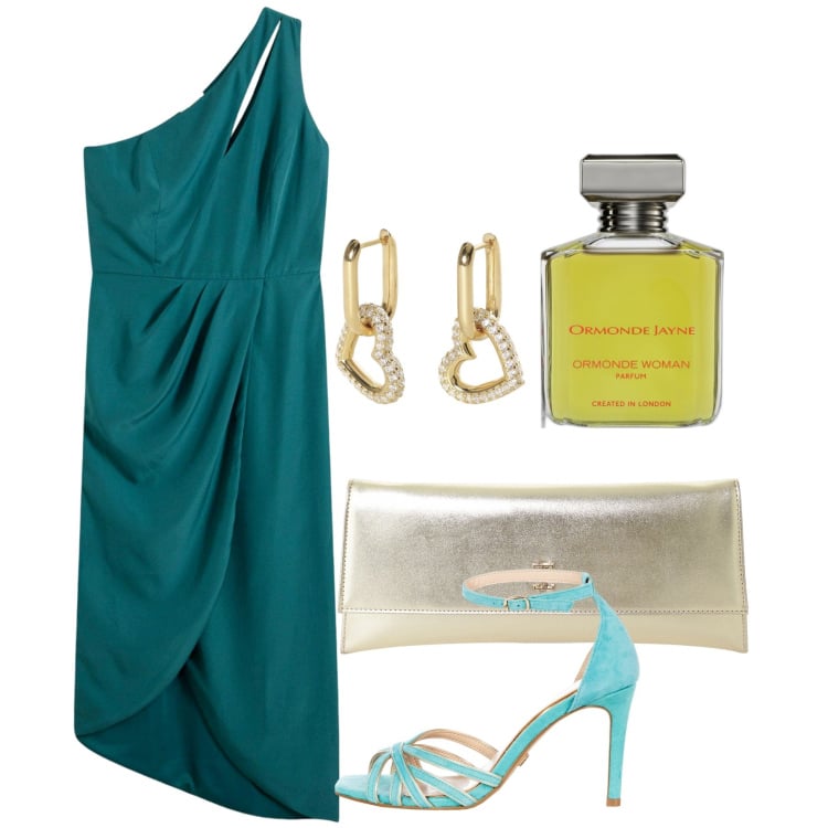 Outfit donna - Wedding july. Stile Glamour per Cerimonia. Abbinamento con vestiti, profumi, orecchini, sandali col tacco, pochette.