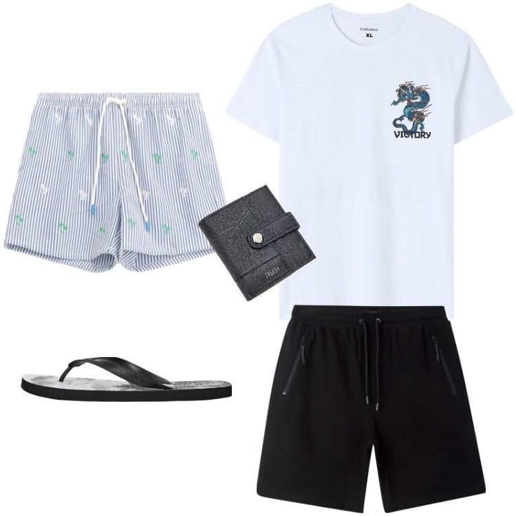 Outfit uomo - Total look #2197198. Stile Trendy per Mare. Abbinamento con t-shirt, bermuda, sandali, costumi, portafogli.