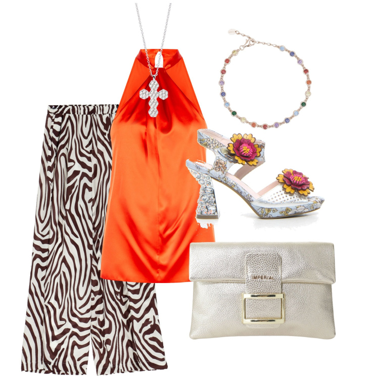Outfit donna - Orange. Stile Glamour per Serata fuori. Abbinamento con pochette, pantaloni a palazzo, braccialetti, ciondoli, top, sandali col tacco.