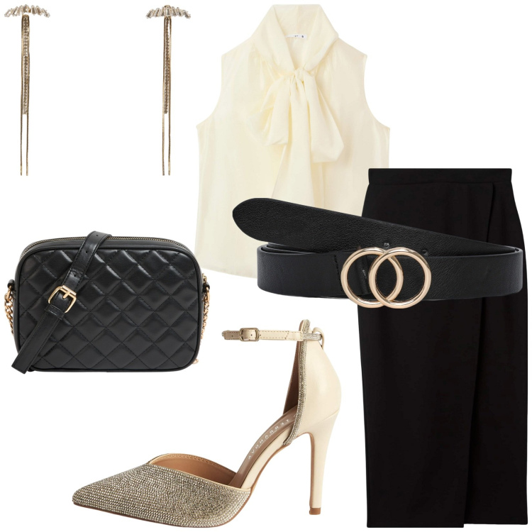 Outfit donna - Total look terranova. Stile Bon Ton per Serata fuori. Abbinamento con décolleté, bluse, gonne longuette, borse a tracolla, orecchini, cinture.