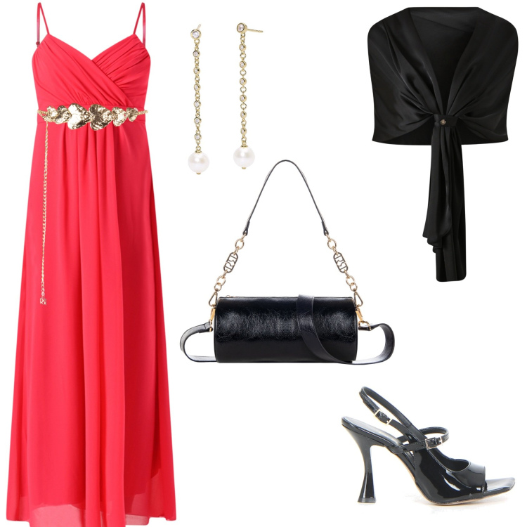 Outfit donna - Abito lungo in georgette!. Stile Chic per Cerimonia. Abbinamento con orecchini, cinture, scialli, vestiti lunghi, borse a mano, sandali col tacco.