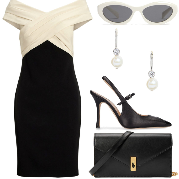Outfit donna - Cerimonia. Stile Bon Ton per Cerimonia. Abbinamento con clutch, orecchini, vestiti a tubino, décolleté, occhiali da sole.
