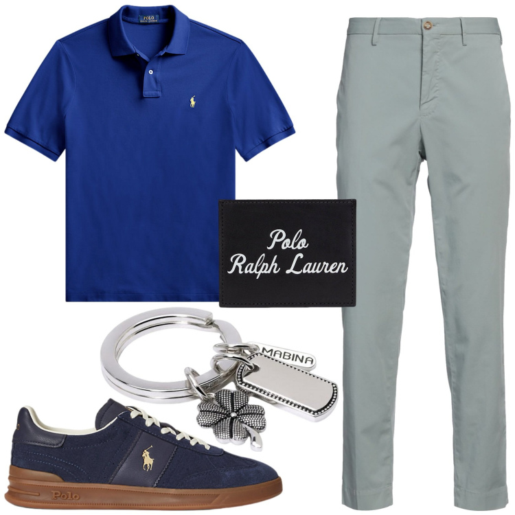 Outfit uomo - In ufficio. Stile Casual per Ufficio. Abbinamento con pantaloni chino, portachiavi, polo, portafogli, sneakers.