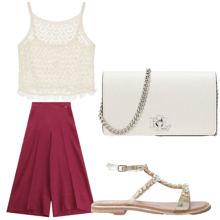 Outfit donna - Aperitivo. Stile Trendy per Tutti i giorni. Abbinamento con pantaloni, sandali, top, borse a tracolla.