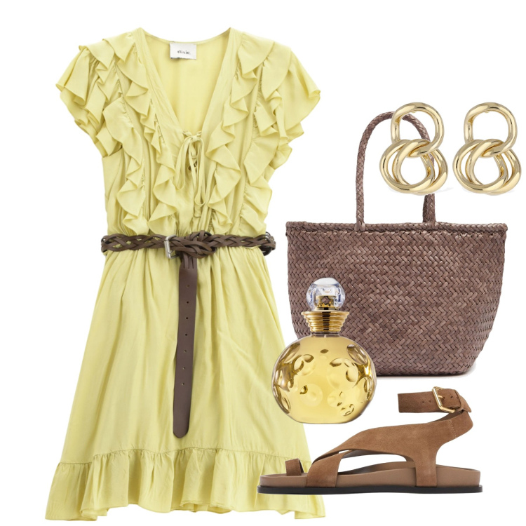 Outfit donna - Luglio rouches. Stile Romantica per Tutti i giorni. Abbinamento con profumi, vestiti corti, borse a mano, orecchini, sandali in pelle.
