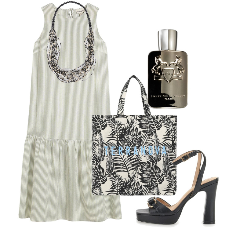 Outfit donna - Grey july. Stile Bon Ton per Tutti i giorni. Abbinamento con vestiti midi/longuette, profumi, borse tote, sandali col tacco, collane.
