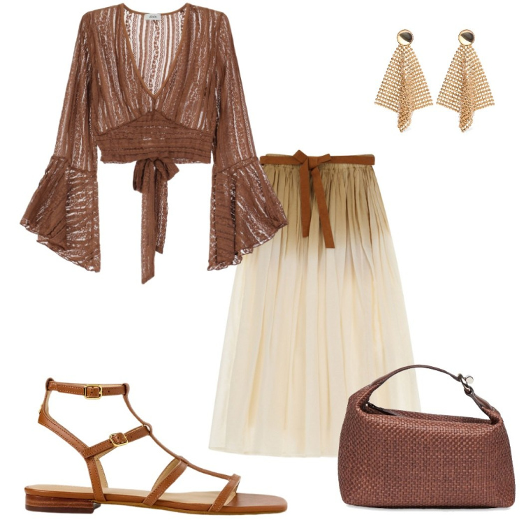 Outfit donna - serata d\' estate. Stile Casual chic per Serata fuori. Abbinamento con gonne lunghe, top, sandali, pochette, orecchini.