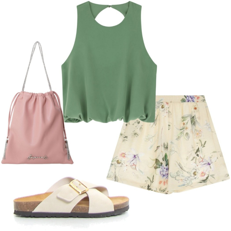 Outfit donna - Imperial Summer Sale. Stile Casual chic per Tutti i giorni. Abbinamento con pantaloni corti, borse a secchiello, top, ciabatte.