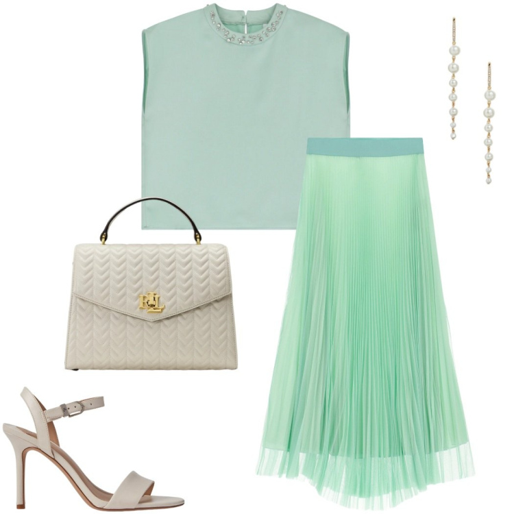 Outfit donna - Imperial Summer Sale. Stile Chic per Cerimonia. Abbinamento con gonne lunghe, top, sandali in pelle, orecchini, borse a mano.