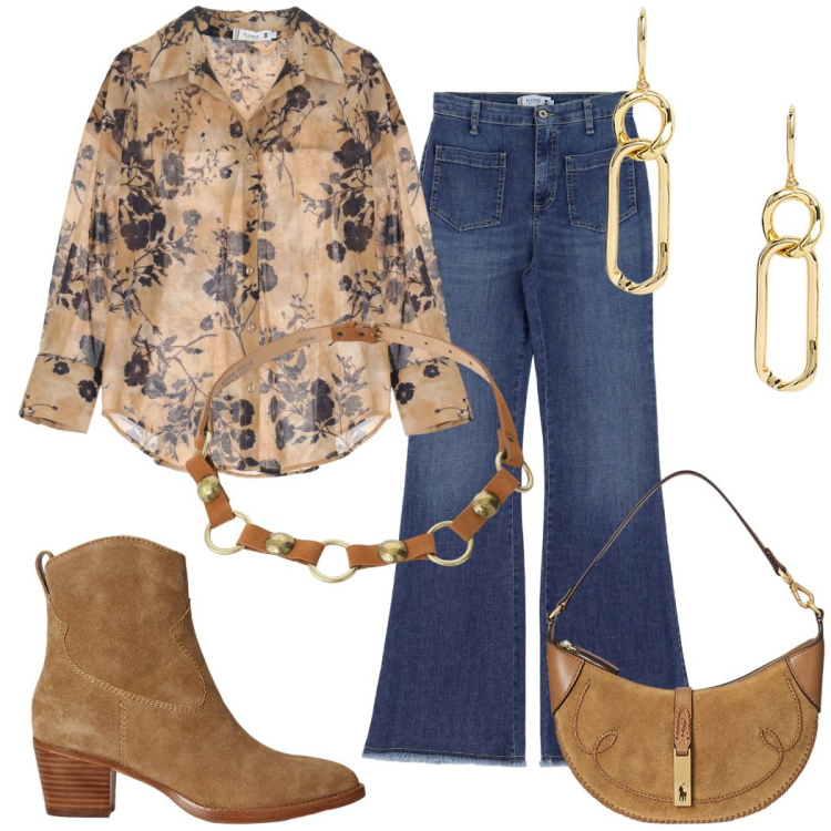 Outfit donna - Boho chic di mezza stagione. Stile Boho per Tutti i giorni. Abbinamento con camicie, jeans, cinture, borse a spalla, stivaletti, orecchini.