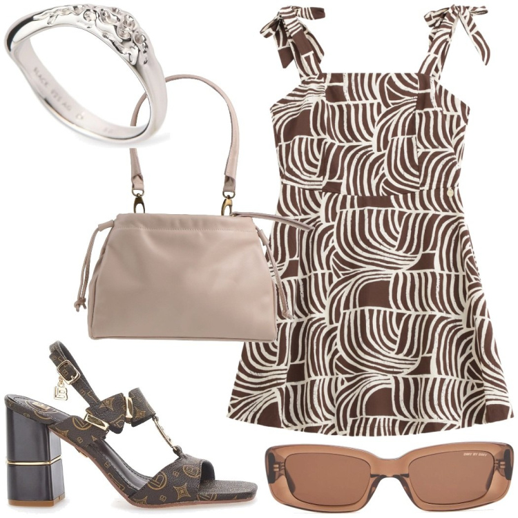 Outfit donna - Total look #2197275. Stile Chic per Cerimonia. Abbinamento con borse a mano, vestiti corti, sandali col tacco, occhiali da sole, anelli.