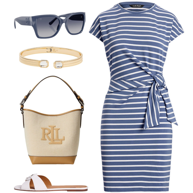 Outfit donna - A righe. Stile Casual per Tutti i giorni. Abbinamento con occhiali da sole, braccialetti, vestiti, borse a secchiello, sandali in pelle.