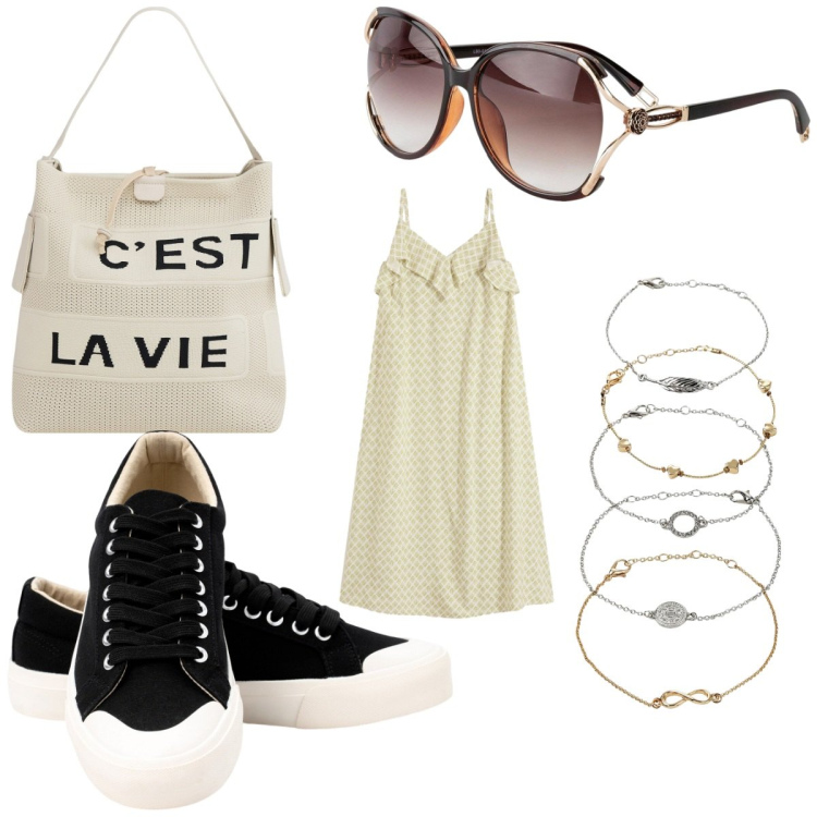 Outfit donna - Semplice e comoda a fare shopping. Stile Basic per Tutti i giorni. Abbinamento con braccialetti con ciondoli, occhiali da sole, vestiti midi/longuette, borse a mano, sneakers.