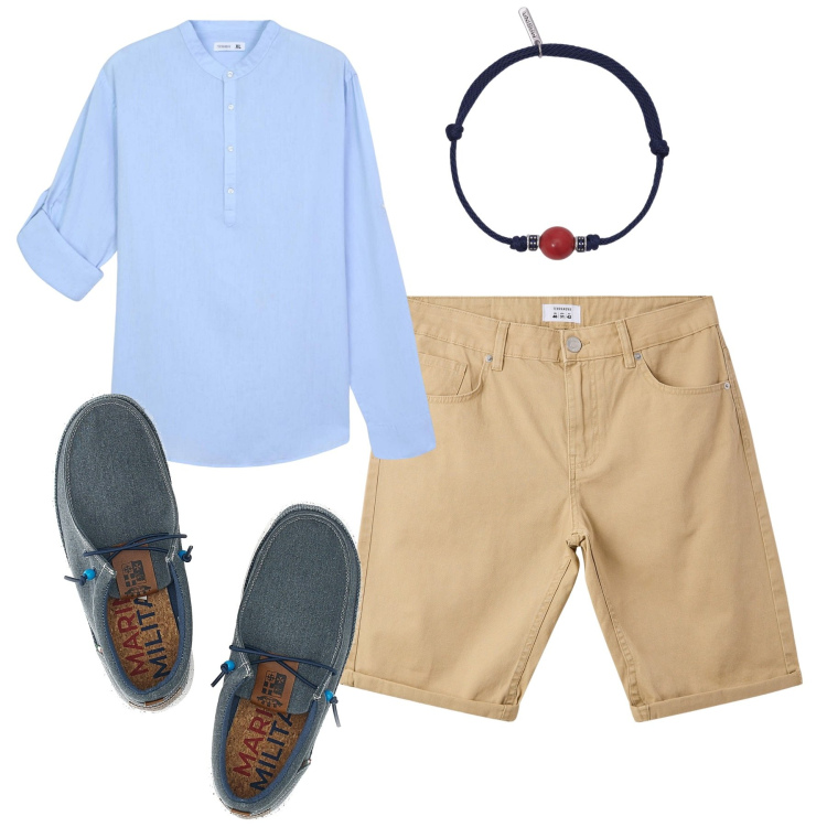 Outfit uomo - Luglio. Stile Casual per Tutti i giorni. Abbinamento con camicie, bermuda, braccialetti, scarpe stringate.