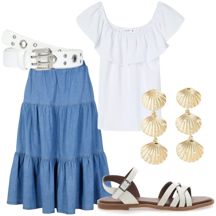 Outfit donna - Summer vibes. Stile Boho per Tutti i giorni. Abbinamento con gonne longuette, cinture, orecchini, bluse, sandali.