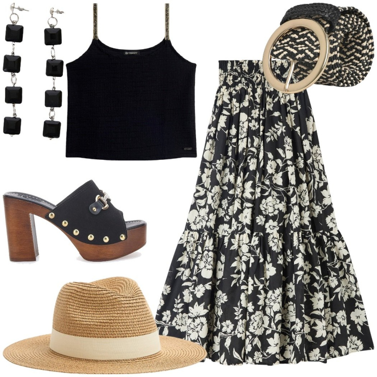 Outfit donna - Summer outfit. Stile Boho per Tutti i giorni. Abbinamento con gonne lunghe, cappelli, cinture, orecchini, canottiere, sandali col tacco.