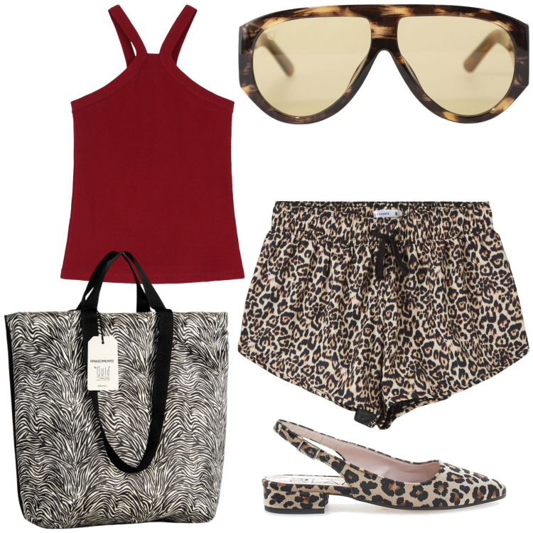 Outfit donna - Fresca ruggente passeggiata. Stile Trendy per Tutti i giorni. Abbinamento con shorts, borse tote, occhiali da sole, top, ballerine.