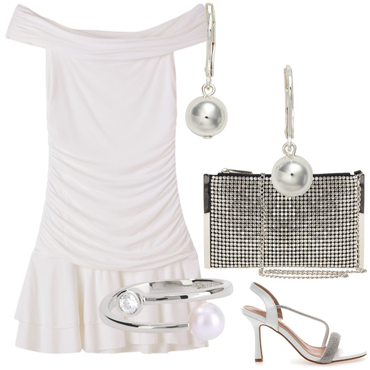 Outfit donna - Brillante sposa in corto. Stile Glamour per Cerimonia. Abbinamento con vestiti corti, anelli, pochette, orecchini, sandali col tacco.