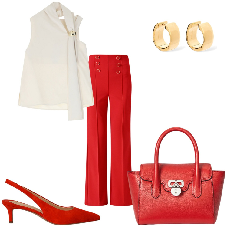 Outfit donna - In ufficio. Stile Glamour per Ufficio. Abbinamento con pantaloni, top, décolleté, borse a mano, orecchini.