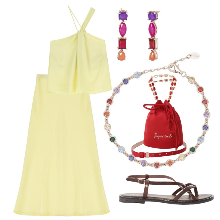 Outfit donna - Yellow&colors. Stile Casual per Tutti i giorni. Abbinamento con braccialetti, orecchini, top, borse a secchiello, gonne longuette, sandali.