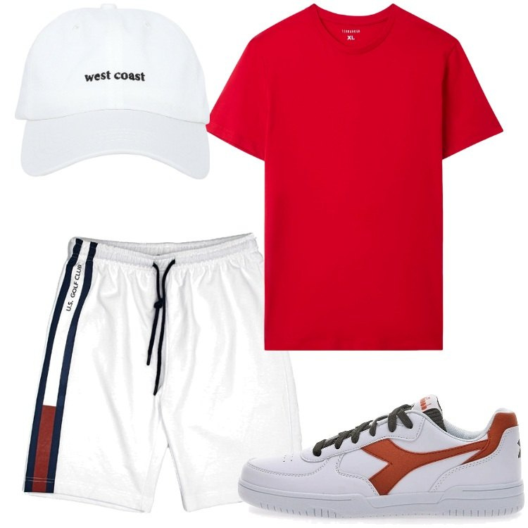 Outfit uomo - Una corsa al parco. Stile Casual per Sport. Abbinamento con cappelli, t-shirt, sneakers, pantaloni corti.
