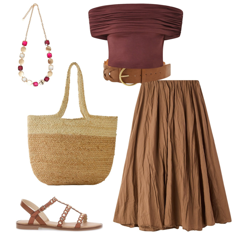 Outfit donna - Mocha mousse. Stile Boho per Tutti i giorni. Abbinamento con shopping bag, gonne lunghe, cinture, top, sandali, collane.