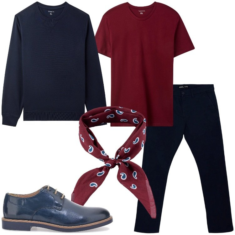 Outfit uomo - Fiesta. Stile Trendy per Serata speciale. Abbinamento con pantaloni chino, t-shirt, felpe, scarpe stringate, sciarpe e foulard.
