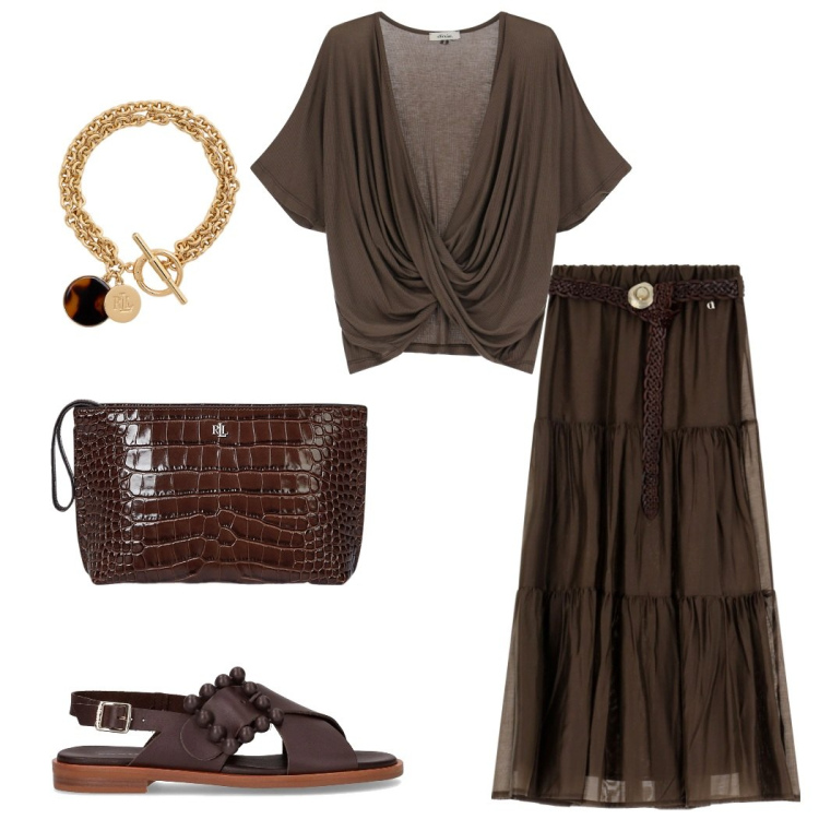 Outfit donna - Bantoa Summer Sale. Stile Casual chic per Serata fuori. Abbinamento con t-shirt, gonne lunghe, pochette, braccialetti con ciondoli, sandali.
