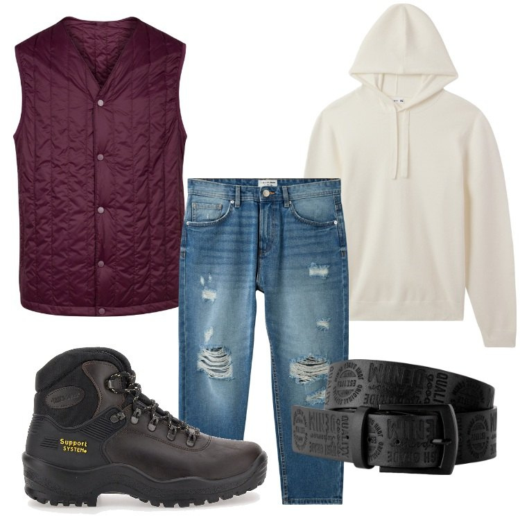 Outfit uomo - Una gita in montagna. Stile Casual per Tutti i giorni. Abbinamento con cinture, jeans strappati, maglieria, stivali e stivaletti, piumini.