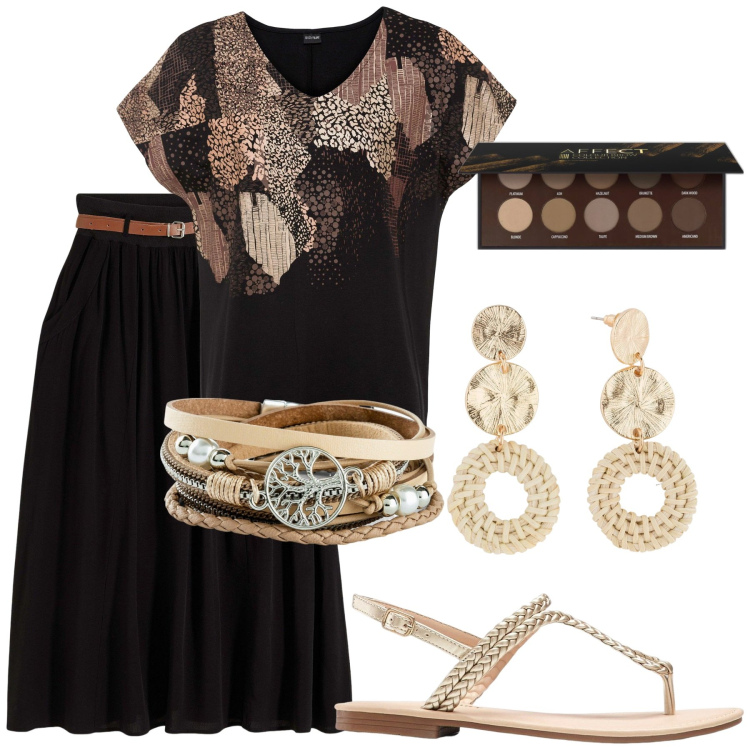 Outfit donna - Savana. Stile Etnico per Tutti i giorni. Abbinamento con gonne lunghe, maglieria, braccialetti, orecchini, ciabatte, eyeliner.