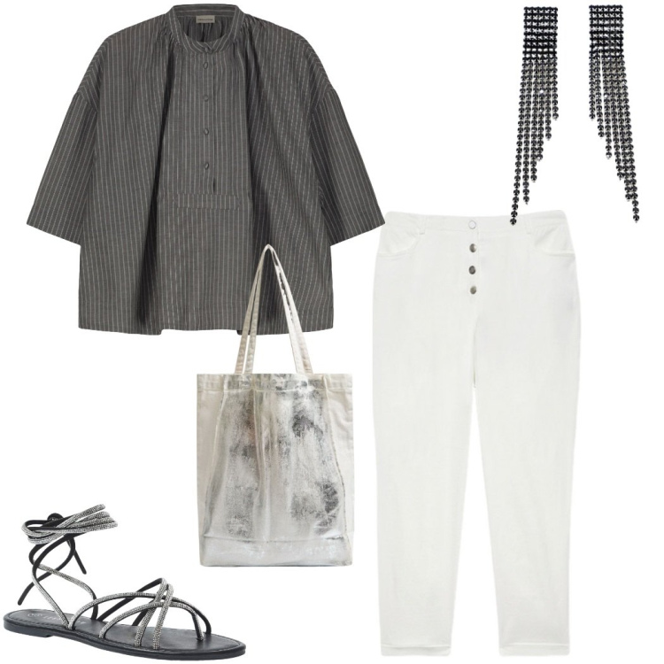 Outfit donna - Bantoa Summer Sale. Stile Casual chic per Tutti i giorni. Abbinamento con sandali alla schiava, shopping bag, orecchini, pantaloni, camicie a manica corta.