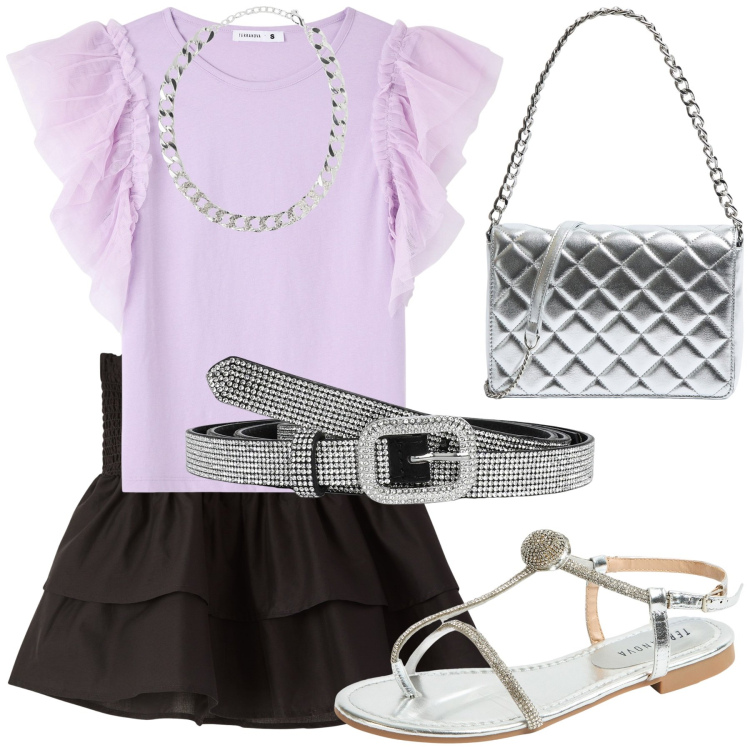 Outfit donna - Bambolina. Stile Bon Ton per Tutti i giorni. Abbinamento con collane, t-shirt, minigonne, cinture, ciabatte, borse a tracolla.