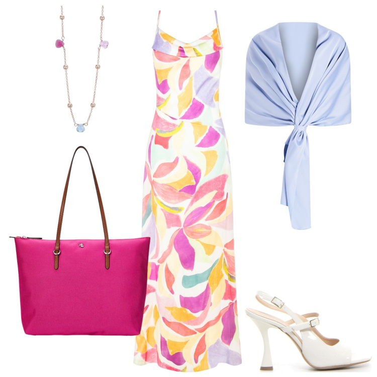 Outfit donna - Colourful Powerful. Stile Glamour per Serata fuori. Abbinamento con vestiti lunghi, stole, collane, borse tote, sandali col tacco.