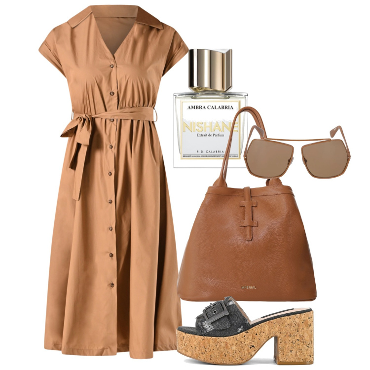 Outfit donna - Luglio. Stile Bon Ton per Ufficio. Abbinamento con profumi, vestiti chemisier, borse tote, sandali, occhiali da sole.