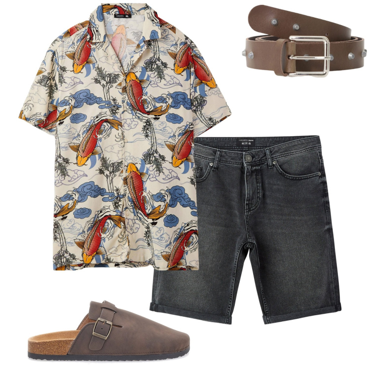 Outfit uomo - Camicia stampata. Stile Casual per Tutti i giorni. Abbinamento con bermuda, camicie a manica corta, cinture, sandali.