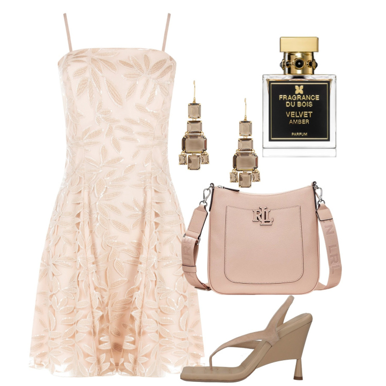 Outfit donna - Cerimonia. Stile Chic per Tutti i giorni. Abbinamento con infradito, vestiti corti, profumi, borse a tracolla, orecchini.