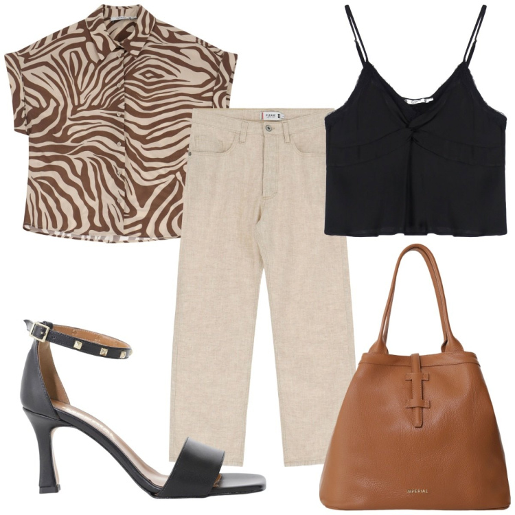 Outfit donna - Please Summer Sales SS25: casual chic. Stile Casual chic per Tutti i giorni. Abbinamento con camicie a manica corta, pantaloni, top, sandali col tacco, borse tote.