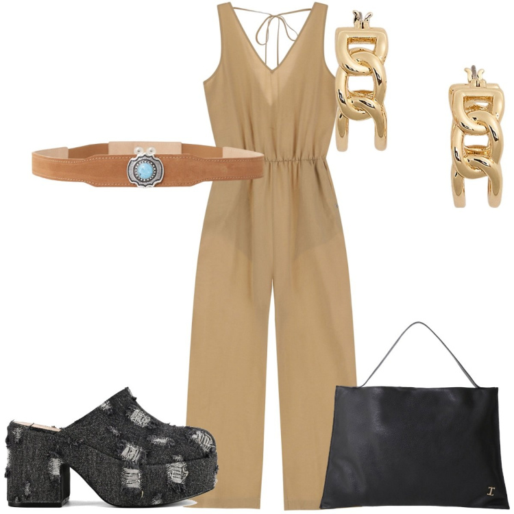 Outfit donna - Please Summer Sales SS25: super trendy. Stile Trendy per Tutti i giorni. Abbinamento con tute, borse a spalla, cinture, orecchini, sabot.