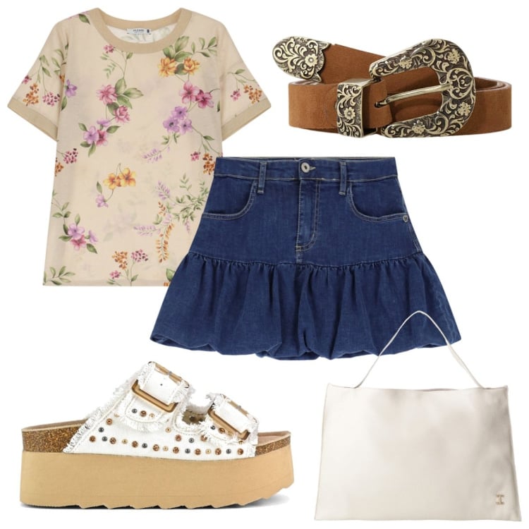 Outfit donna - Please Summer Sales SS25: denim boho. Stile Boho per Tutti i giorni. Abbinamento con t-shirt, minigonne, borse a spalla, cinture, sandali.