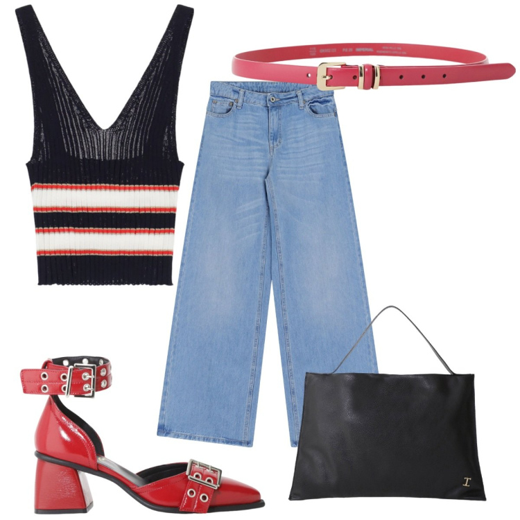 Outfit donna - Please Summer Sales SS25: denim trendy. Stile Trendy per Tutti i giorni. Abbinamento con top, jeans a zampa, borse a spalla, cinture, décolleté.