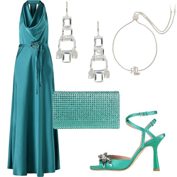 Outfit donna - Le cerimonie di Luglio. Stile Glamour per Cerimonia. Abbinamento con borse a mano, sandali in pelle, vestiti lunghi, braccialetti, orecchini.